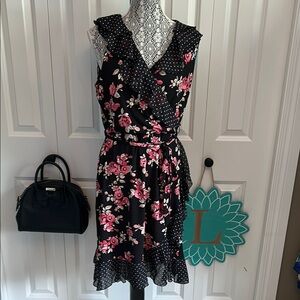 Floral Black and Pink Wrap Dress